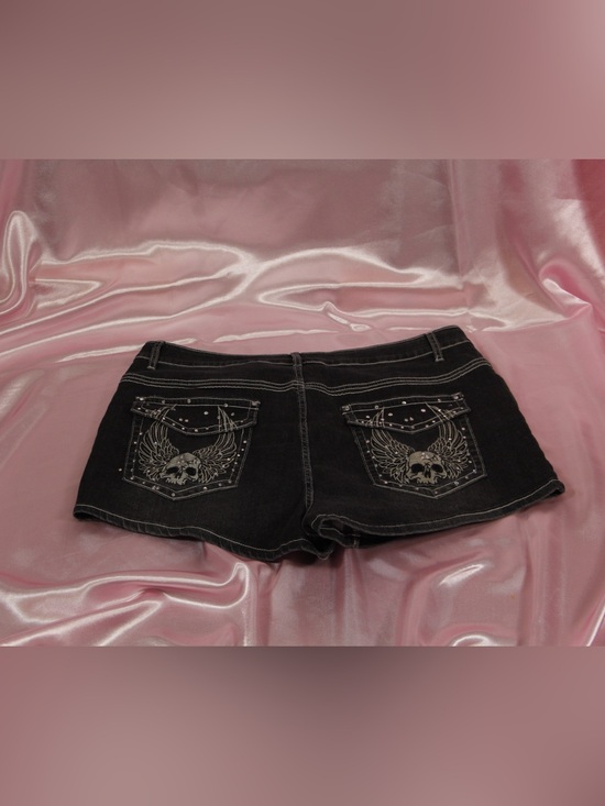 None Pants - Black Denim Shorts with Winged Skull Embroidery